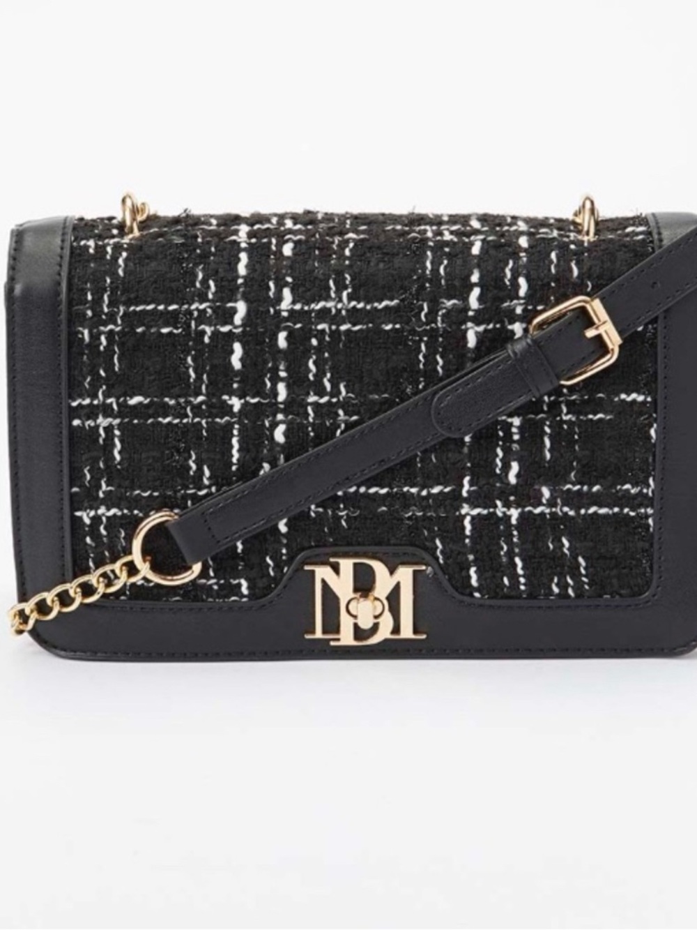 Badgley Mischka Large Black Tweed and Vegan Leather Crossbody with Gold Chain